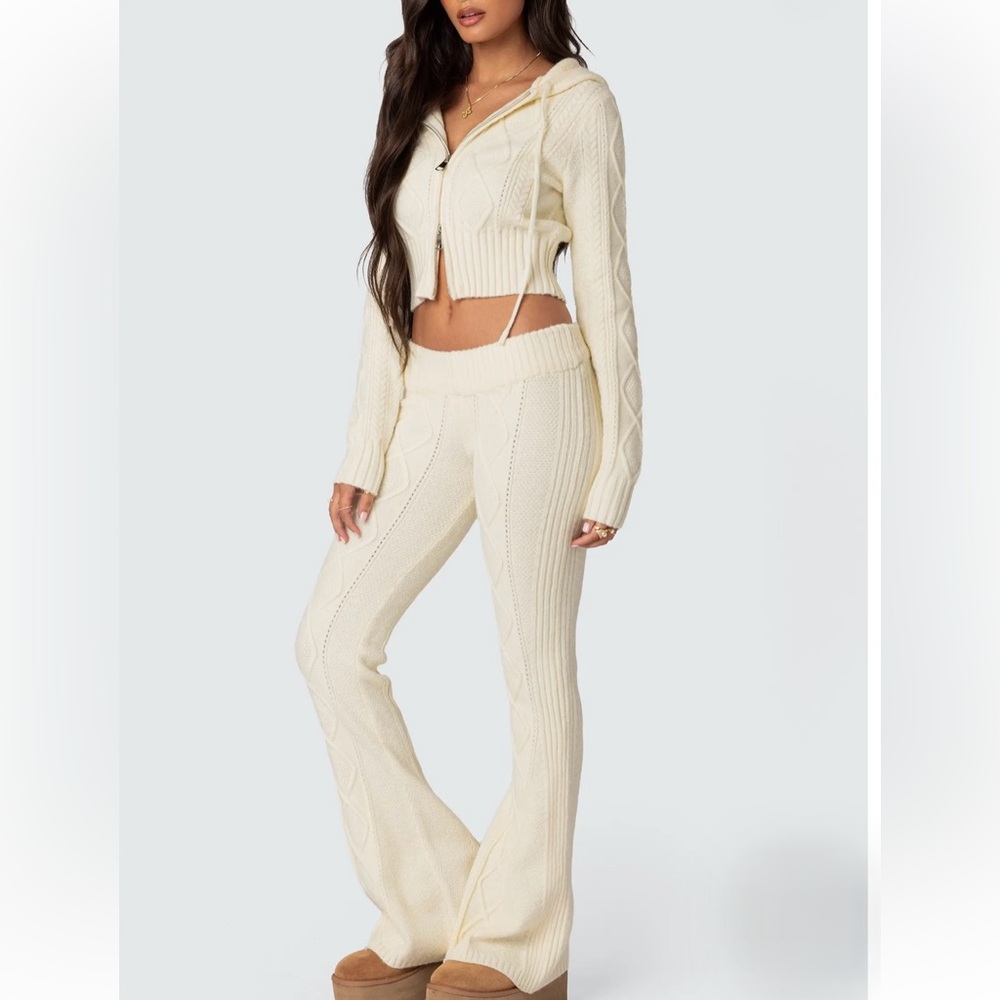 Edikted Ray Cable Knit Hooded Cardigan and Ray Cable Knit Flared Pants